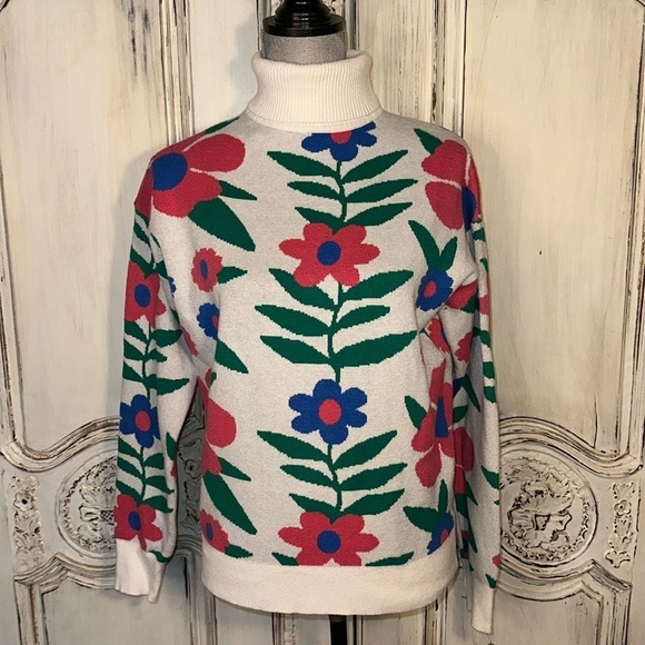 OntWelfth Double Knit Long Sleeve Turtleneck Daisy Flower Graphic Sweater Size M - Picture 1 of 13